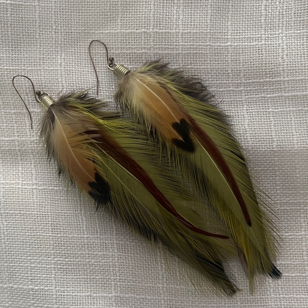 Feather Earrings - Olive Green & Tan